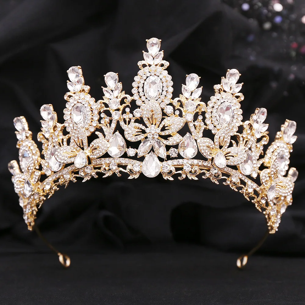 KMVEXO Baroque Luxury Water Drop Flower Crystal Opal Tiara For Women Wedding Girls Birthday Party Elegant Crown Hair Accessories