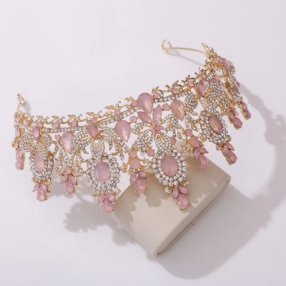 KMVEXO Baroque Luxury Water Drop Flower Crystal Opal Tiara For Women Wedding Girls Birthday Party Elegant Crown Hair Accessories