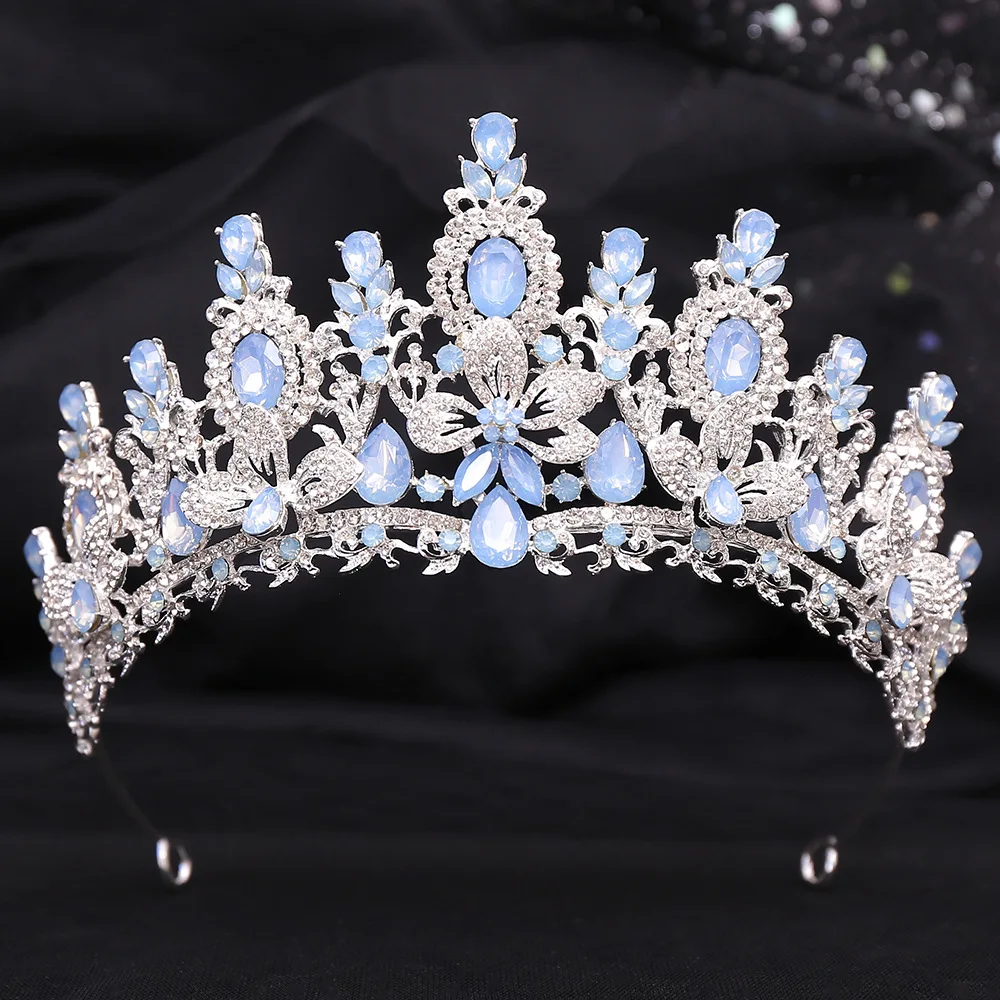 KMVEXO Baroque Luxury Water Drop Flower Crystal Opal Tiara For Women Wedding Girls Birthday Party Elegant Crown Hair Accessories
