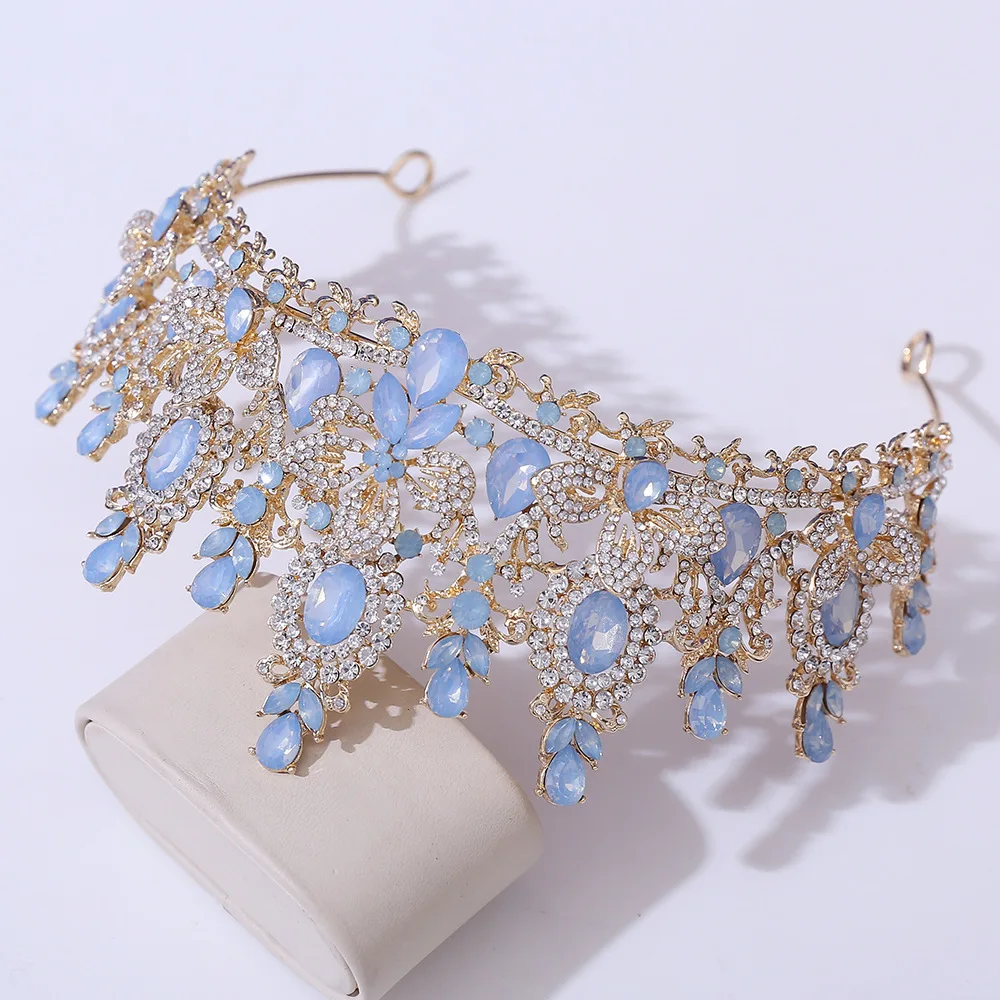KMVEXO Baroque Luxury Water Drop Flower Crystal Opal Tiara For Women Wedding Girls Birthday Party Elegant Crown Hair Accessories
