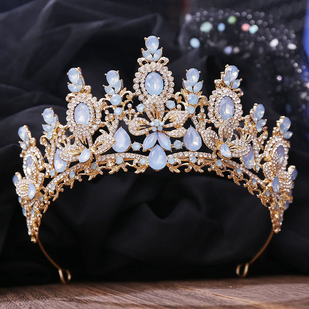 KMVEXO Baroque Luxury Water Drop Flower Crystal Opal Tiara For Women Wedding Girls Birthday Party Elegant Crown Hair Accessories