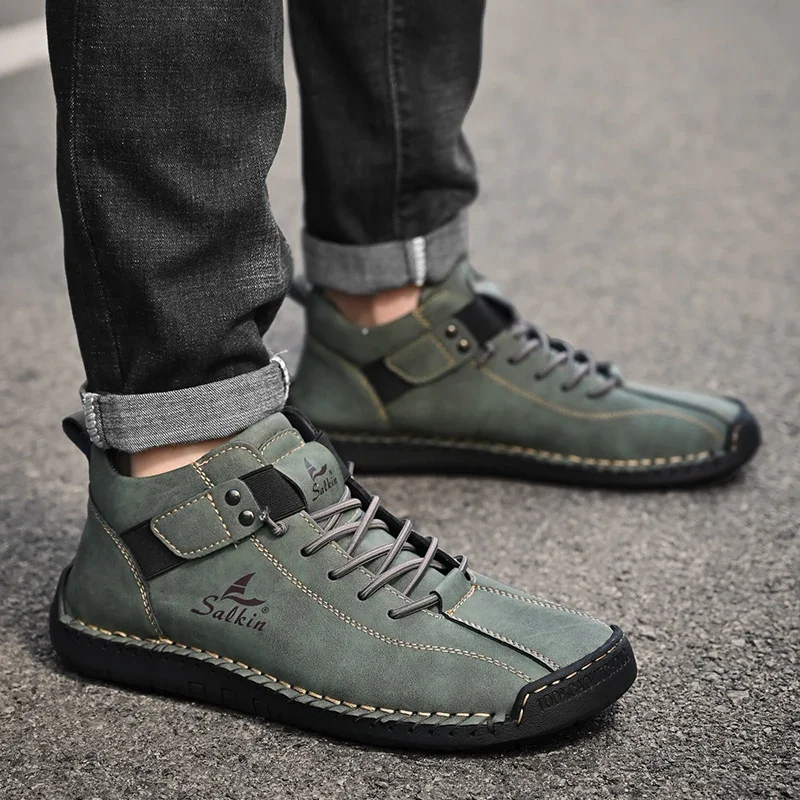 New 2024 Handmade Leather Casual Men Shoes Design Sneakers Man Breathable Leather Shoes Men Ankle Boots Outdoor