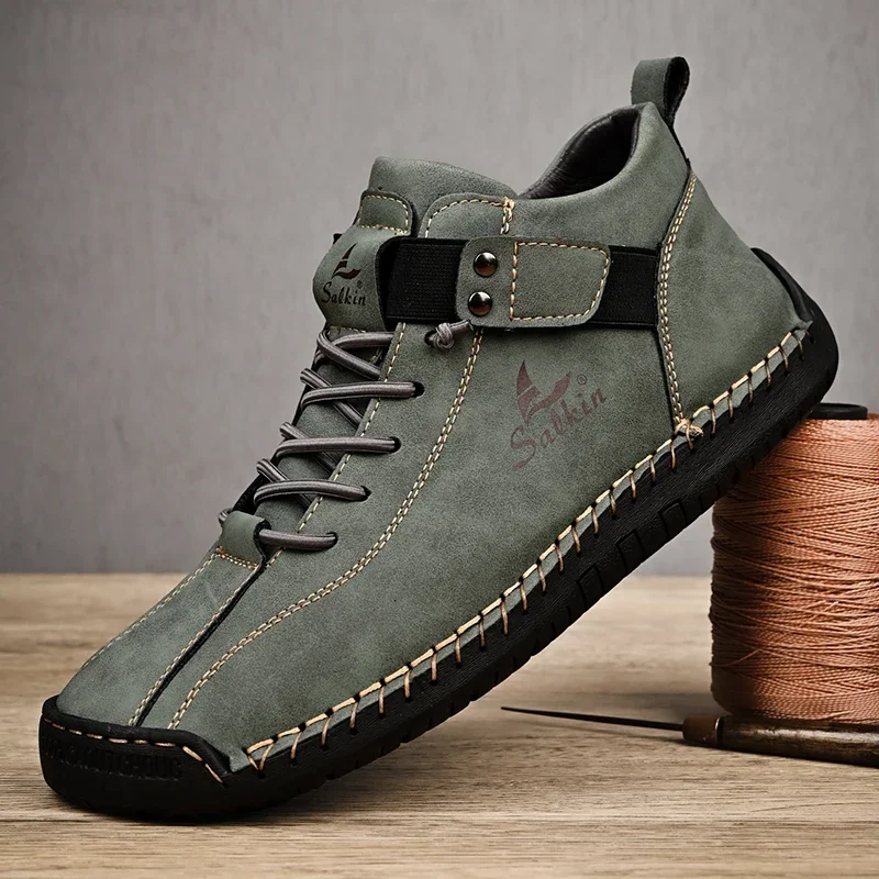 New 2024 Handmade Leather Casual Men Shoes Design Sneakers Man Breathable Leather Shoes Men Ankle Boots Outdoor