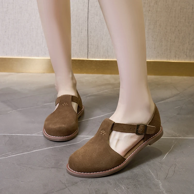 AIYUQI Flat-Soled Retro Frosted Genuine Leather Women's Sandals 2026 New Hollow Women's Shoes Roman Baotou Sandals for Women