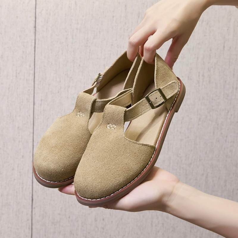 AIYUQI Flat-Soled Retro Frosted Genuine Leather Women's Sandals 2026 New Hollow Women's Shoes Roman Baotou Sandals for Women