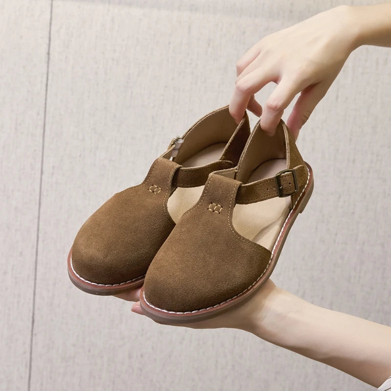AIYUQI Flat-Soled Retro Frosted Genuine Leather Women's Sandals 2026 New Hollow Women's Shoes Roman Baotou Sandals for Women