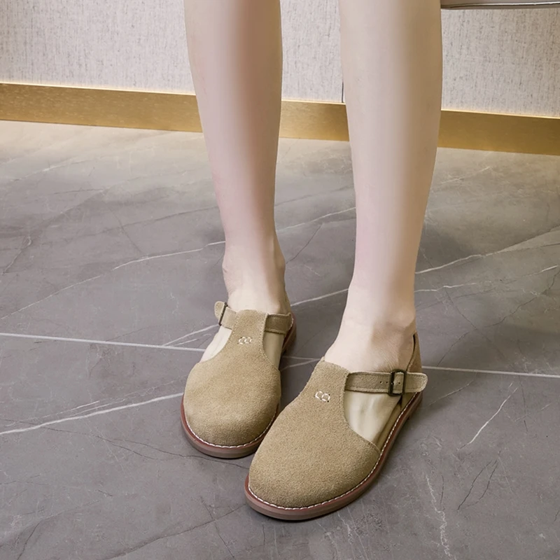 AIYUQI Flat-Soled Retro Frosted Genuine Leather Women's Sandals 2026 New Hollow Women's Shoes Roman Baotou Sandals for Women