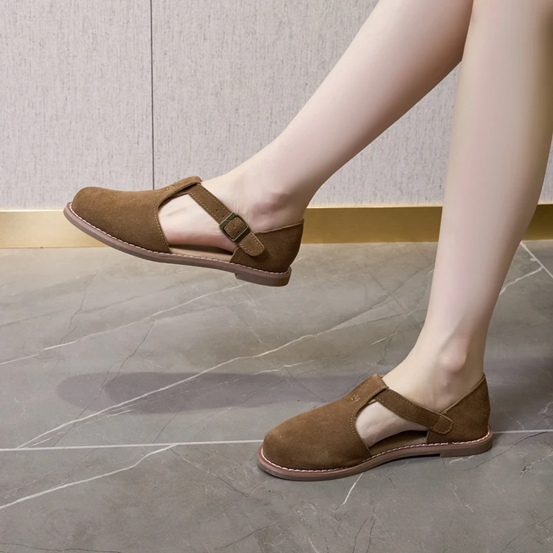 AIYUQI Flat-Soled Retro Frosted Genuine Leather Women's Sandals 2026 New Hollow Women's Shoes Roman Baotou Sandals for Women