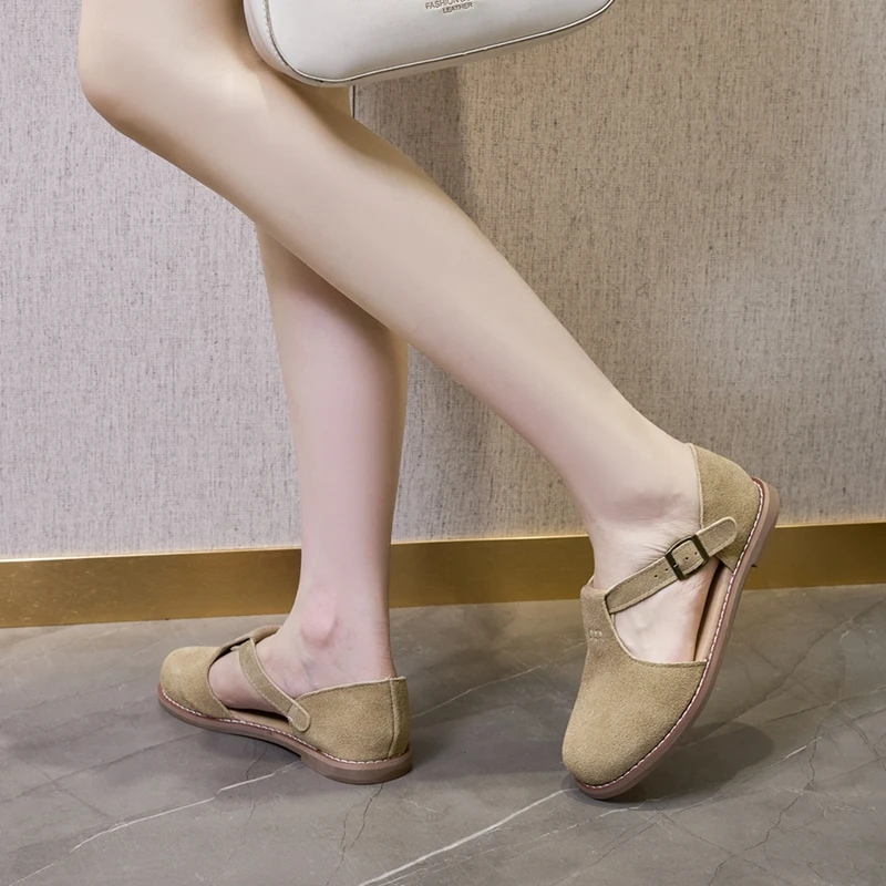 AIYUQI Flat-Soled Retro Frosted Genuine Leather Women's Sandals 2026 New Hollow Women's Shoes Roman Baotou Sandals for Women