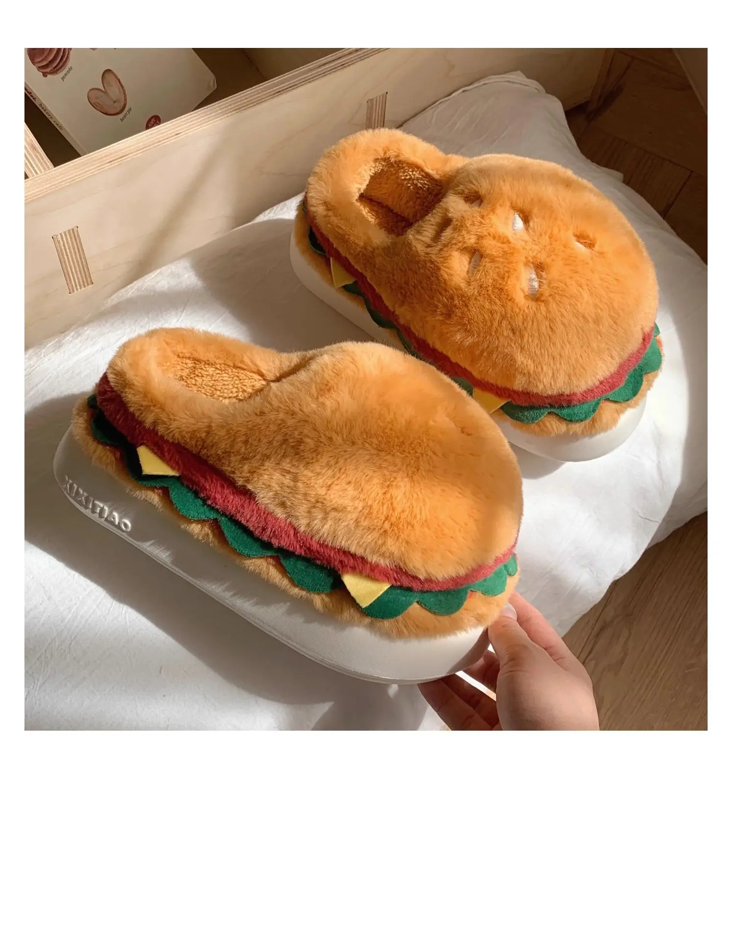 Women Winter Warm Slippers Cute Cartoon Hamburger Home Floor Platform Shoes Thick Sole Soft Plush Girls Indoor Fluffy Slipper