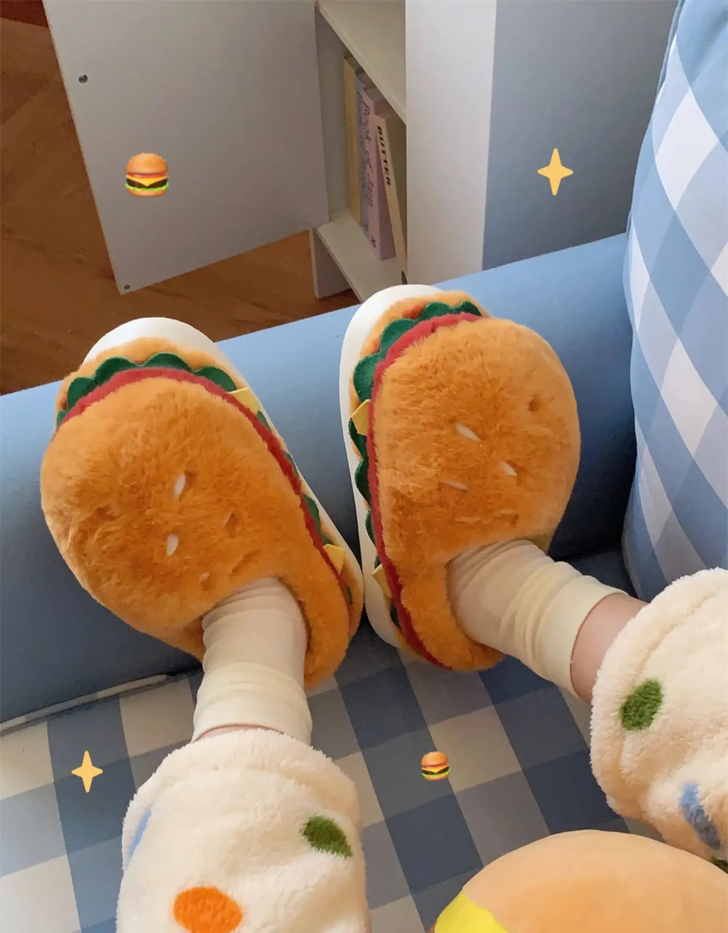 Women Winter Warm Slippers Cute Cartoon Hamburger Home Floor Platform Shoes Thick Sole Soft Plush Girls Indoor Fluffy Slipper