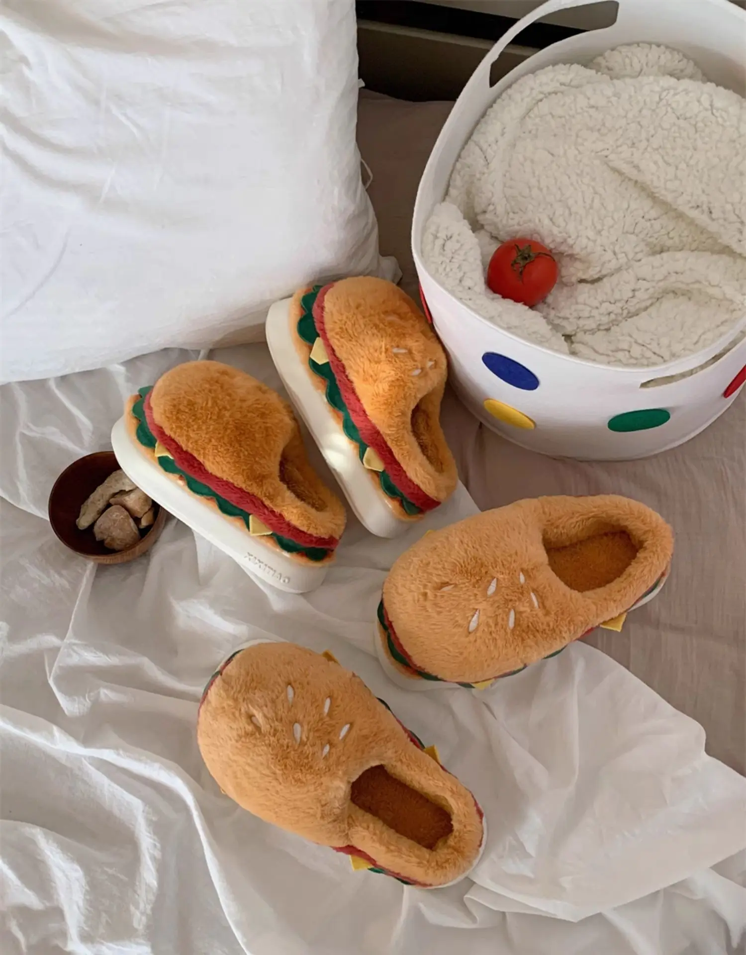 Women Winter Warm Slippers Cute Cartoon Hamburger Home Floor Platform Shoes Thick Sole Soft Plush Girls Indoor Fluffy Slipper