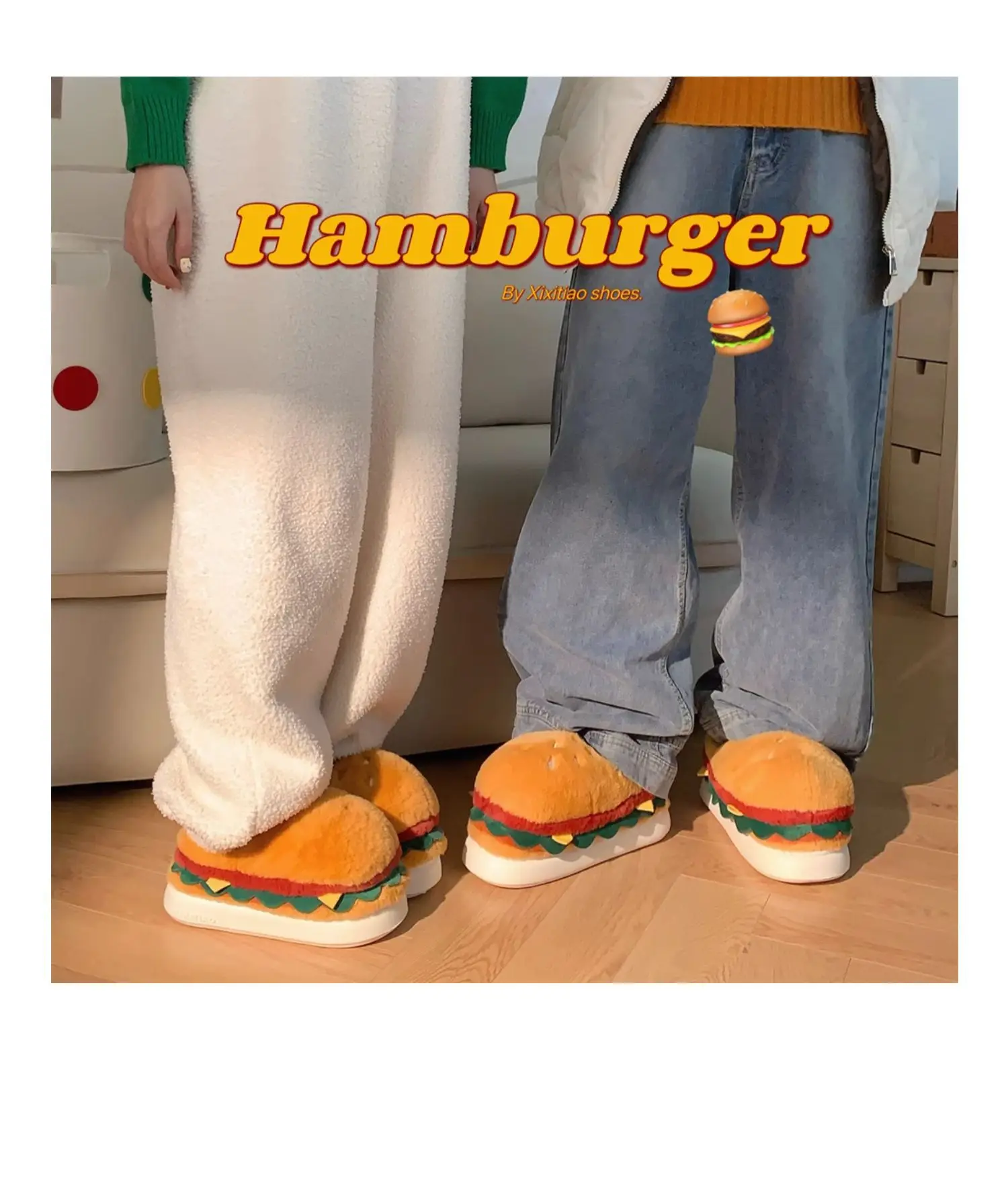 Women Winter Warm Slippers Cute Cartoon Hamburger Home Floor Platform Shoes Thick Sole Soft Plush Girls Indoor Fluffy Slipper