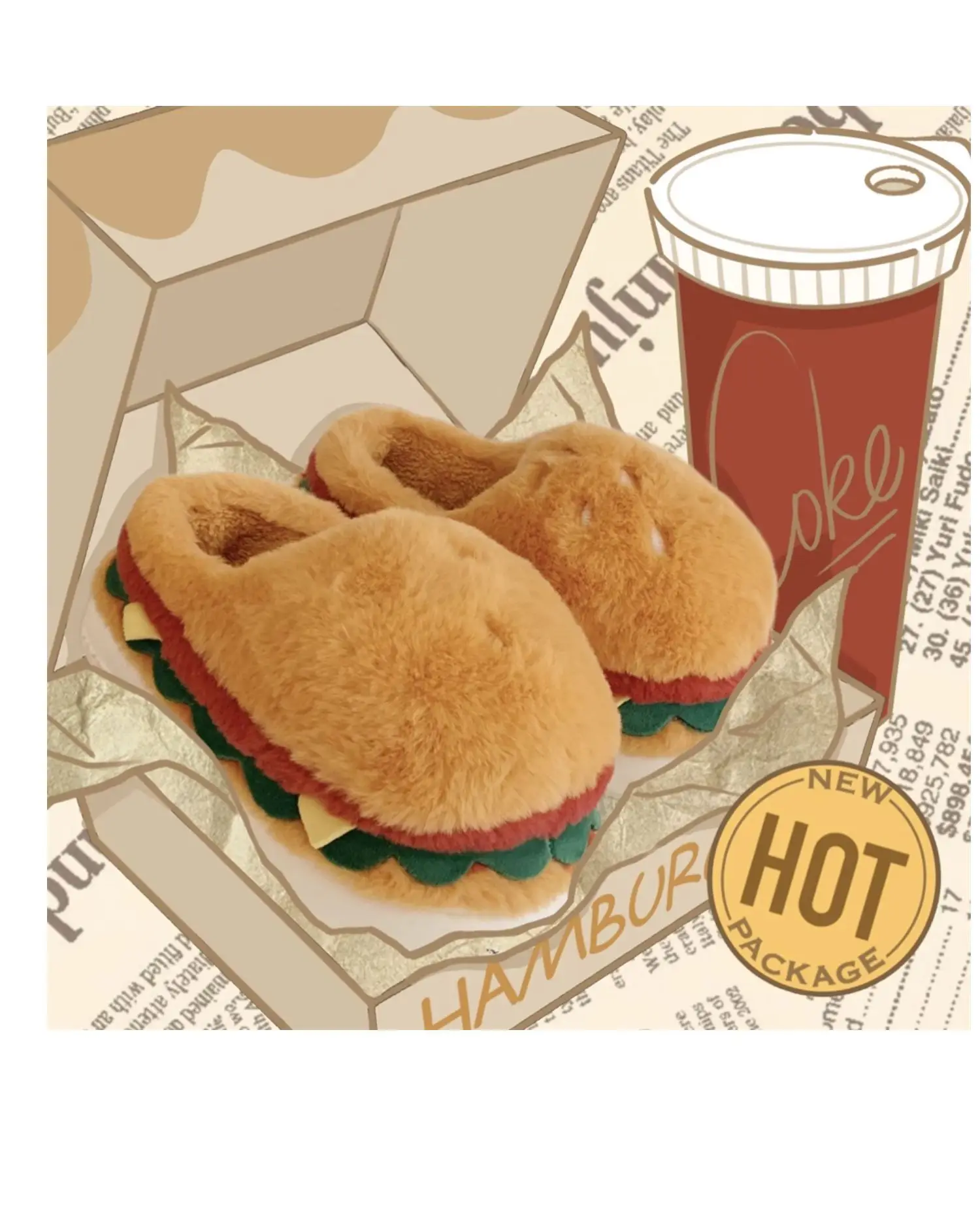 Women Winter Warm Slippers Cute Cartoon Hamburger Home Floor Platform Shoes Thick Sole Soft Plush Girls Indoor Fluffy Slipper