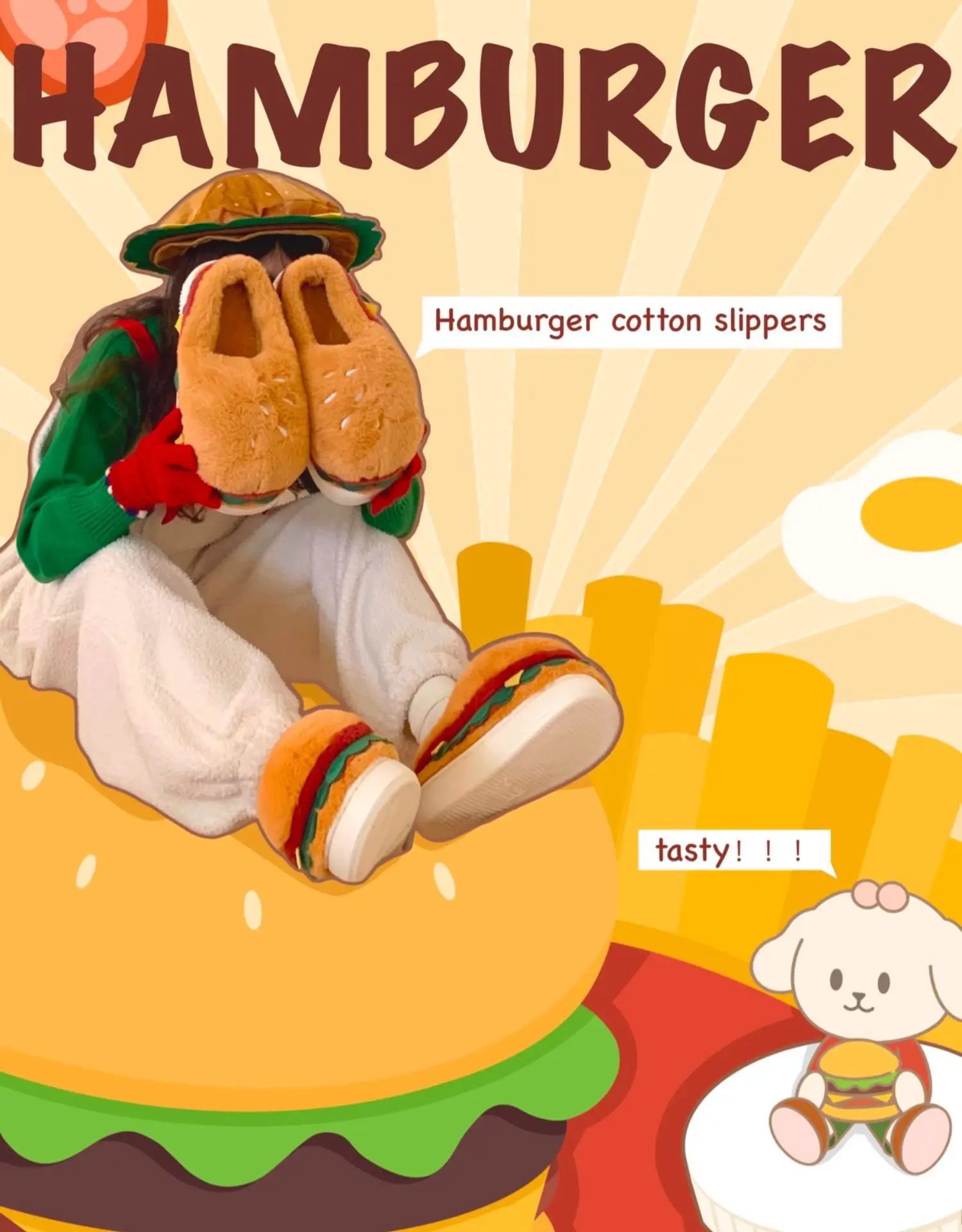 Women Winter Warm Slippers Cute Cartoon Hamburger Home Floor Platform Shoes Thick Sole Soft Plush Girls Indoor Fluffy Slipper