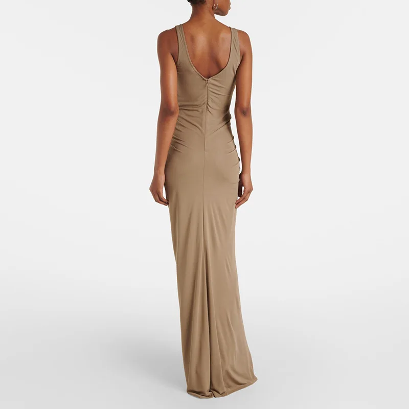 Women Sexy U Asymmetrical Hollow Party Dress Spring Ruffle Slim Pleated Long Dress New Summer Sleeveless Backless Zip Maxi Dress
