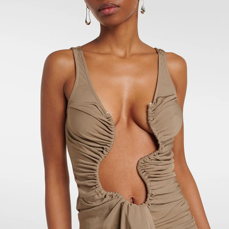 Women Sexy U Asymmetrical Hollow Party Dress Spring Ruffle Slim Pleated Long Dress New Summer Sleeveless Backless Zip Maxi Dress