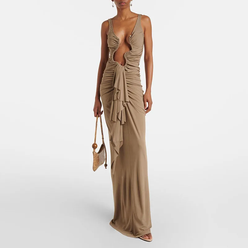 Women Sexy U Asymmetrical Hollow Party Dress Spring Ruffle Slim Pleated Long Dress New Summer Sleeveless Backless Zip Maxi Dress