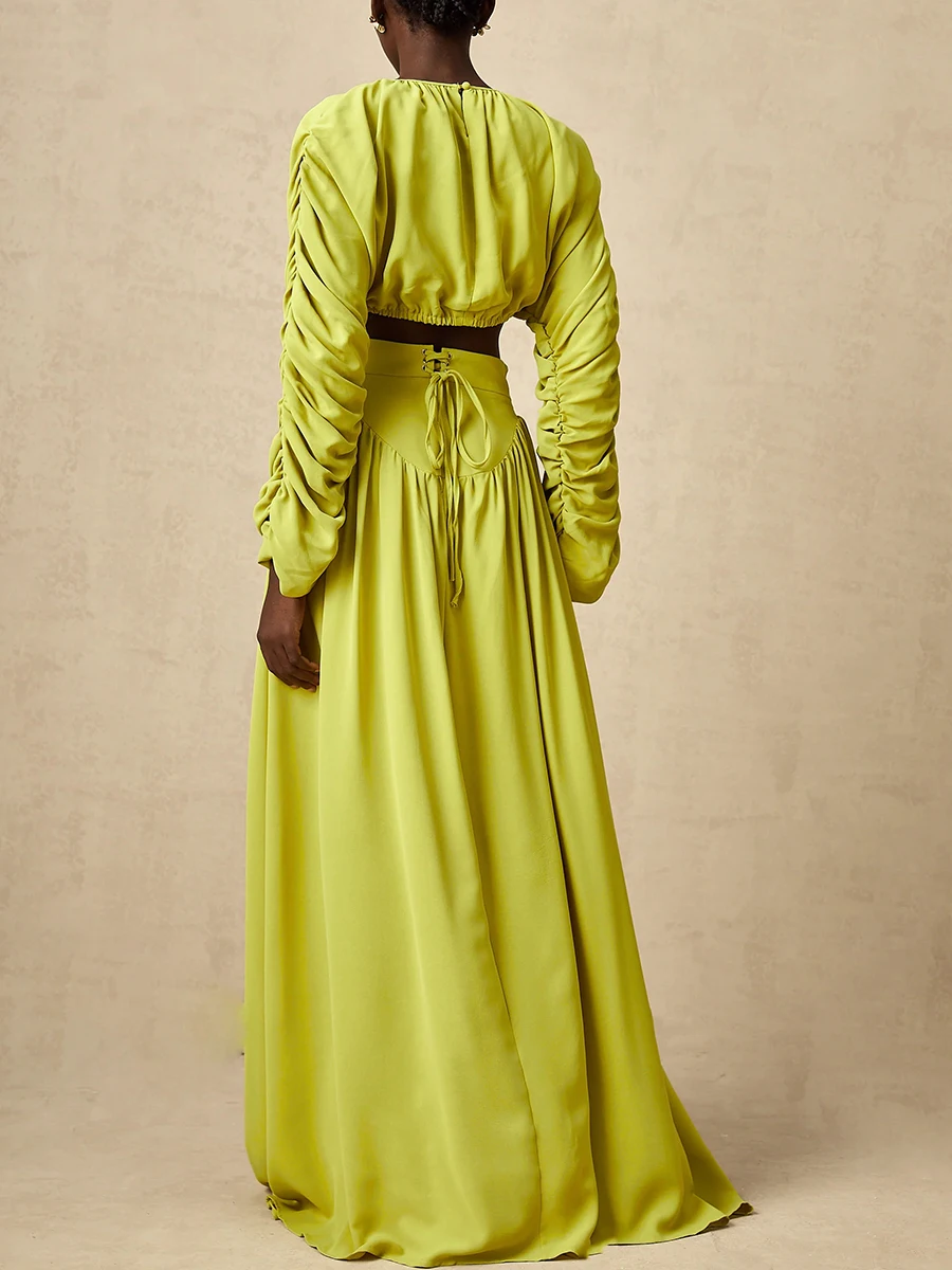 TWOTWINSTYLE Solid Loose Two Piece Set O Neck Long Sleeve Short Top High Waist A Line Skirts Temperament Suits Female Clothes