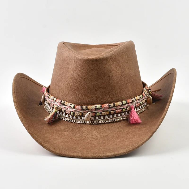 New 100% Leather Men Women Western Cowboy Hat Wide Brim Godfather Hats Gentleman Church Sombrero Hombre Jazz Cap