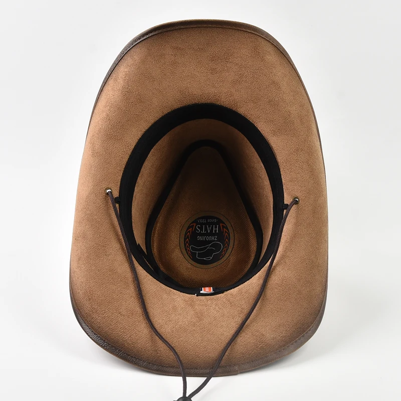 New 100% Leather Men Women Western Cowboy Hat Wide Brim Godfather Hats Gentleman Church Sombrero Hombre Jazz Cap