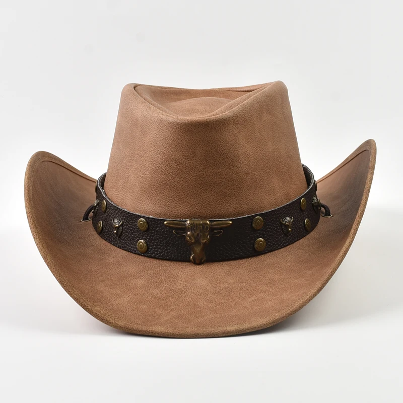 New 100% Leather Men Women Western Cowboy Hat Wide Brim Godfather Hats Gentleman Church Sombrero Hombre Jazz Cap