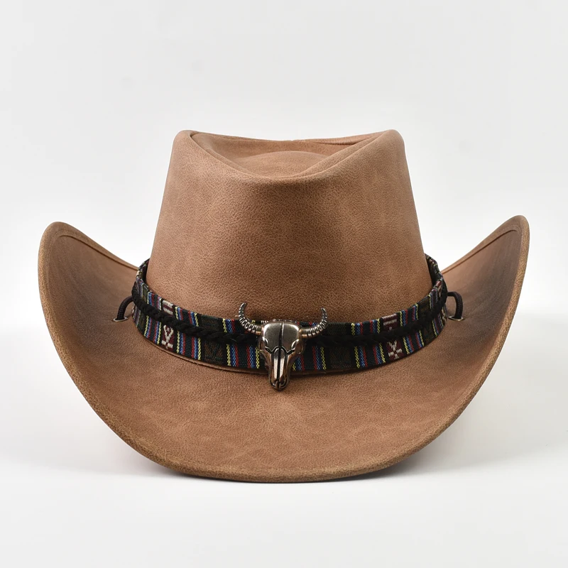 New 100% Leather Men Women Western Cowboy Hat Wide Brim Godfather Hats Gentleman Church Sombrero Hombre Jazz Cap