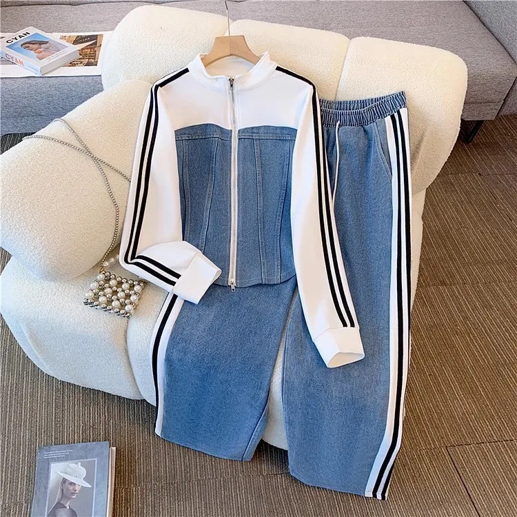 Pant Set Women Two Piece Sets Denim Splice Zipper Matching Sets Casual Coats Wide Leg Long Pants Lace Up Elastic Waist 2025