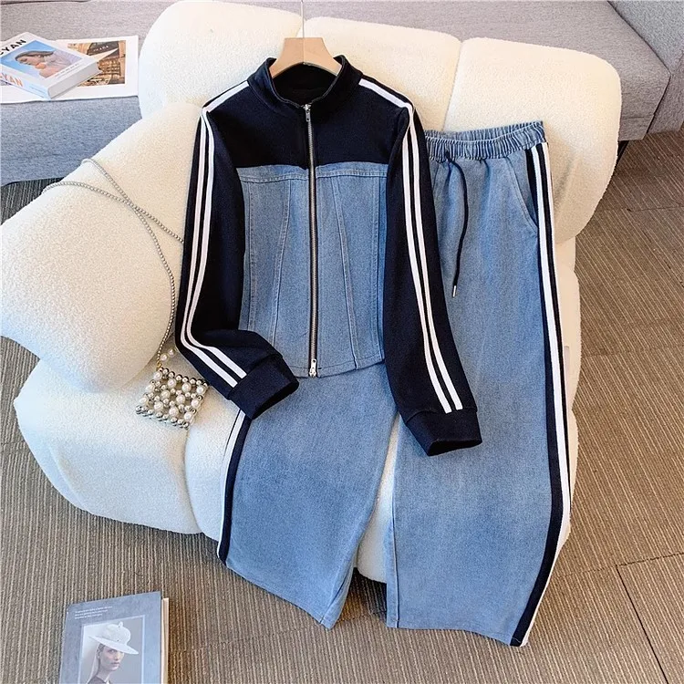 Pant Set Women Two Piece Sets Denim Splice Zipper Matching Sets Casual Coats Wide Leg Long Pants Lace Up Elastic Waist 2025