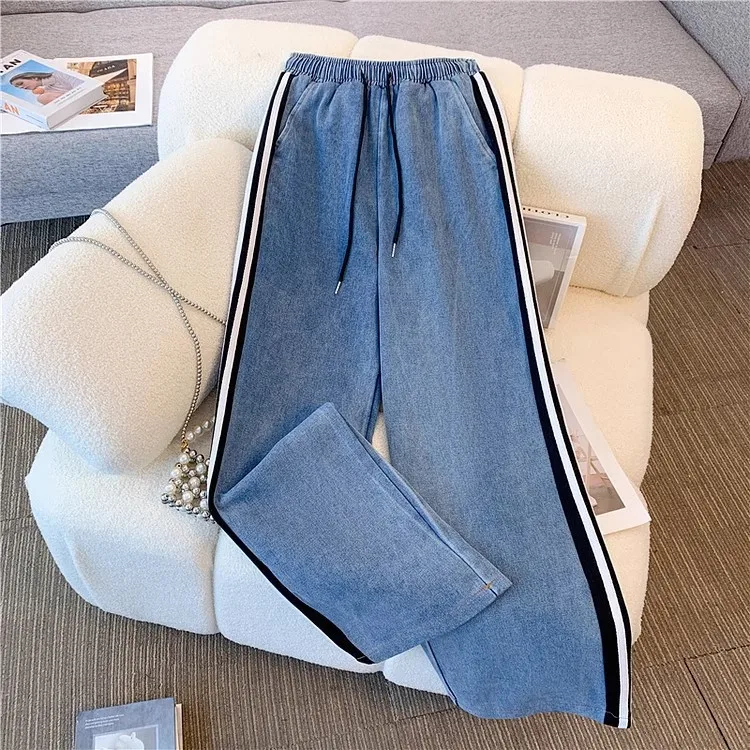 Pant Set Women Two Piece Sets Denim Splice Zipper Matching Sets Casual Coats Wide Leg Long Pants Lace Up Elastic Waist 2025