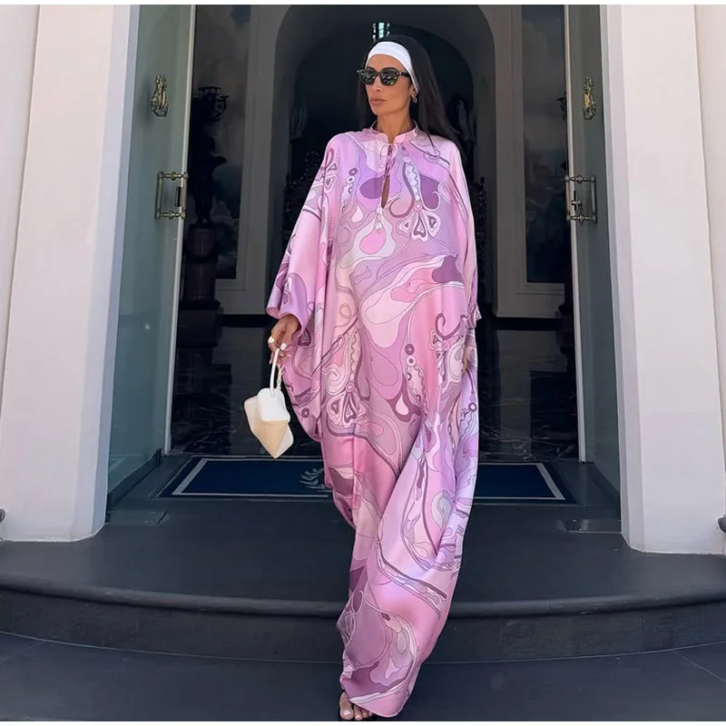 Summer Beach Vacation Outfit Robe Oversized Women's Print Kaftan Maxi Dress with Pattern Loose Fit Full Sleeve Long Dresses