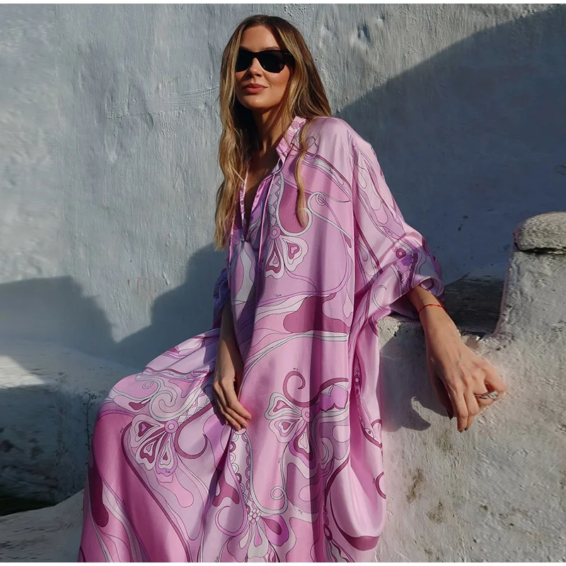 Summer Beach Vacation Outfit Robe Oversized Women's Print Kaftan Maxi Dress with Pattern Loose Fit Full Sleeve Long Dresses