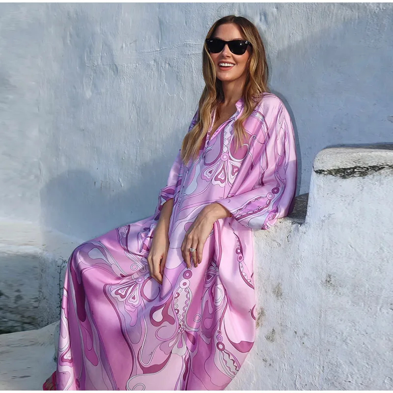 Summer Beach Vacation Outfit Robe Oversized Women's Print Kaftan Maxi Dress with Pattern Loose Fit Full Sleeve Long Dresses