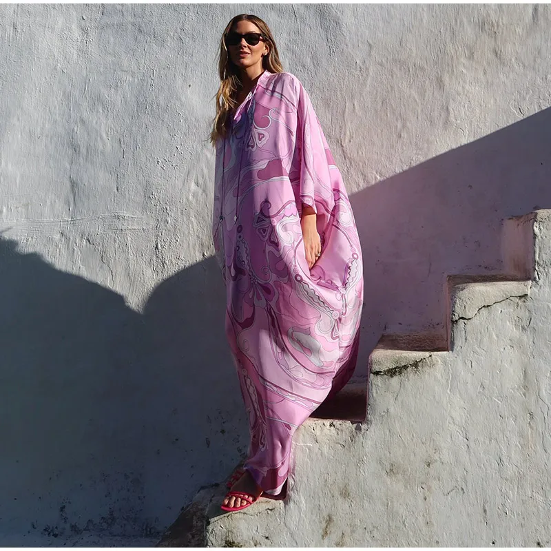 Summer Beach Vacation Outfit Robe Oversized Women's Print Kaftan Maxi Dress with Pattern Loose Fit Full Sleeve Long Dresses