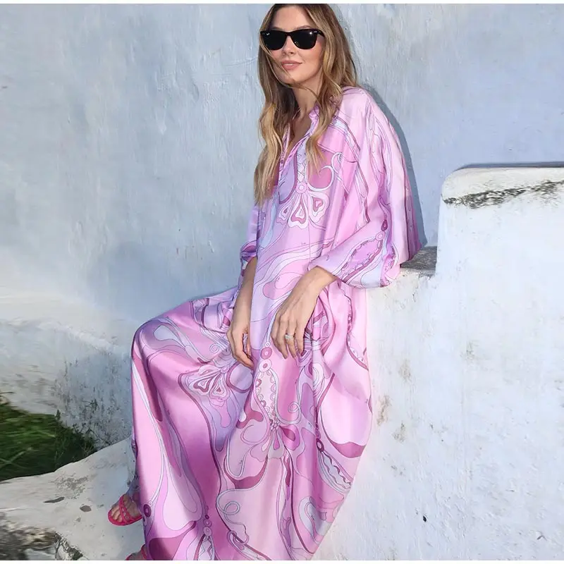 Summer Beach Vacation Outfit Robe Oversized Women's Print Kaftan Maxi Dress with Pattern Loose Fit Full Sleeve Long Dresses