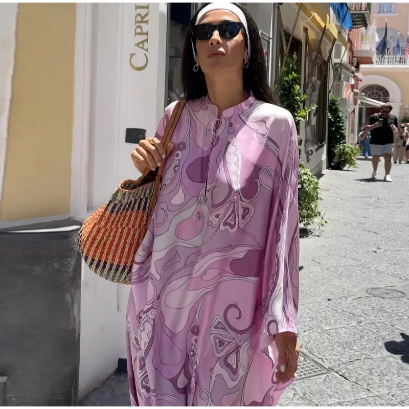 Summer Beach Vacation Outfit Robe Oversized Women's Print Kaftan Maxi Dress with Pattern Loose Fit Full Sleeve Long Dresses