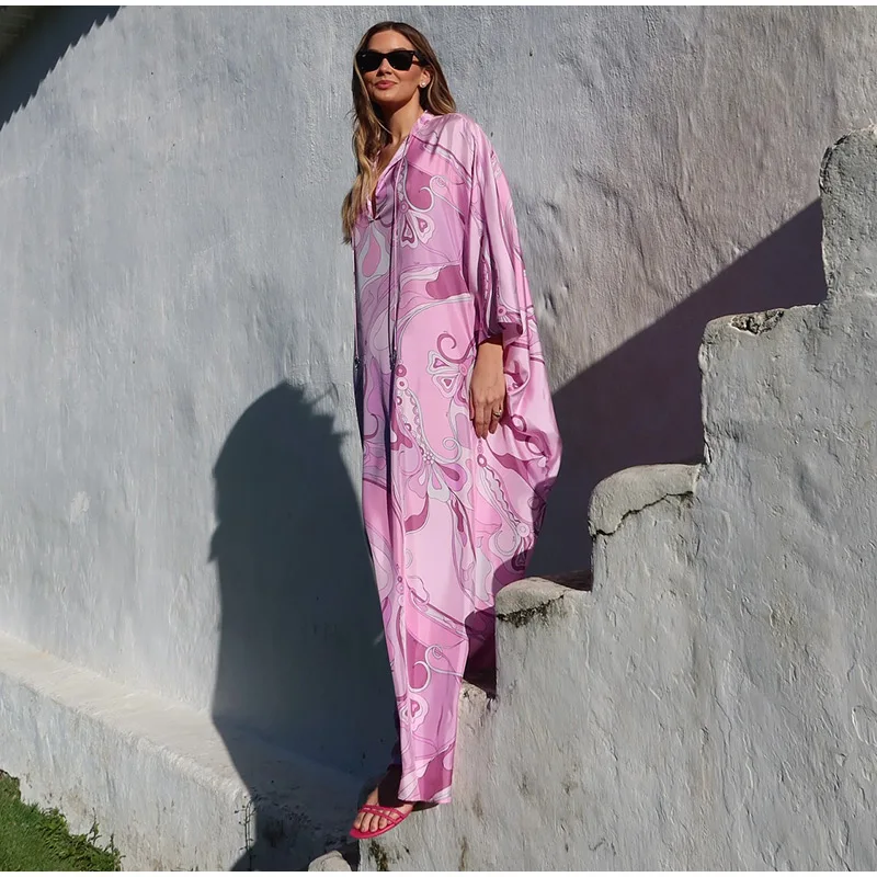 Summer Beach Vacation Outfit Robe Oversized Women's Print Kaftan Maxi Dress with Pattern Loose Fit Full Sleeve Long Dresses