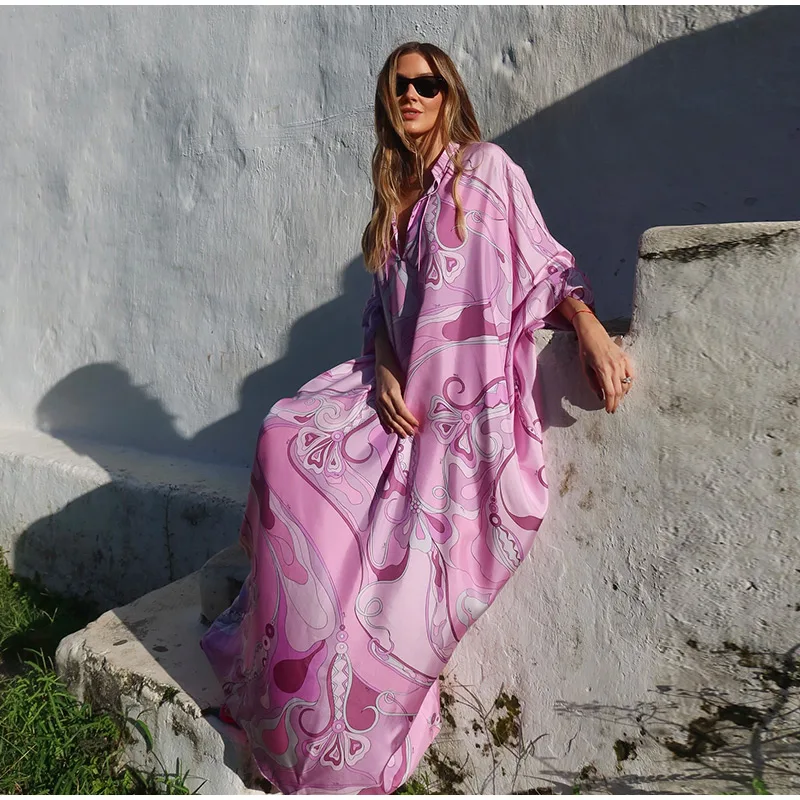 Summer Beach Vacation Outfit Robe Oversized Women's Print Kaftan Maxi Dress with Pattern Loose Fit Full Sleeve Long Dresses