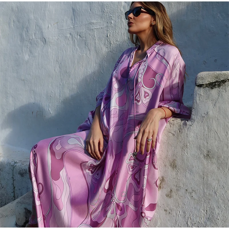 Summer Beach Vacation Outfit Robe Oversized Women's Print Kaftan Maxi Dress with Pattern Loose Fit Full Sleeve Long Dresses