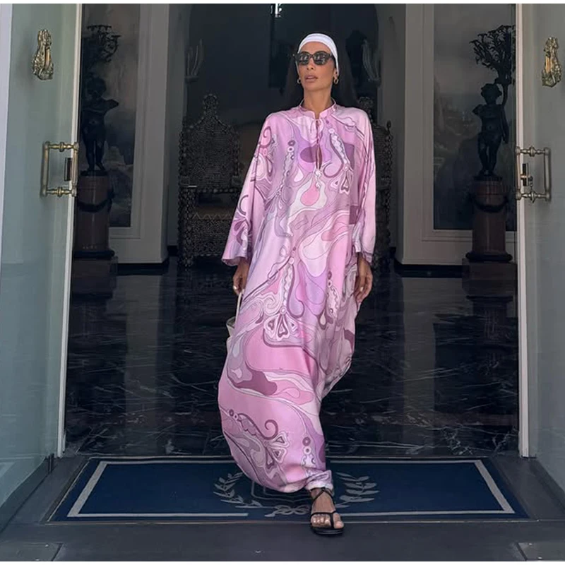 Summer Beach Vacation Outfit Robe Oversized Women's Print Kaftan Maxi Dress with Pattern Loose Fit Full Sleeve Long Dresses