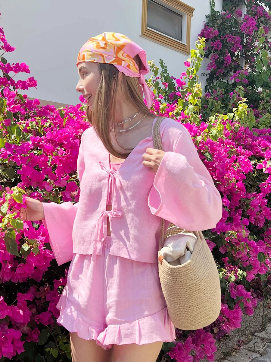 Bronladies Lace Up Long Sleeves Shorts Set Summer Womem's Solid Color Top Fashionable Loose Casual Flounce Shorts 2-Piece Set