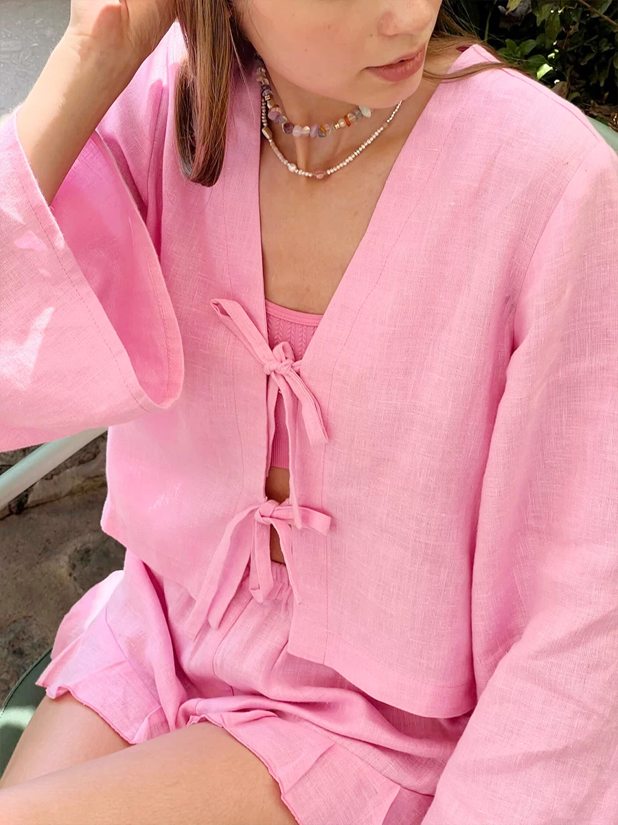 Bronladies Lace Up Long Sleeves Shorts Set Summer Womem's Solid Color Top Fashionable Loose Casual Flounce Shorts 2-Piece Set