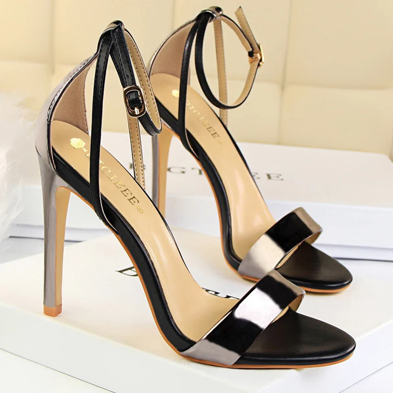 Women Black-White Concise Leather 11cm High Heels Sandals Lady Adjustable Ankle Buckle Shoes Female Fashion Party Dress Shoes