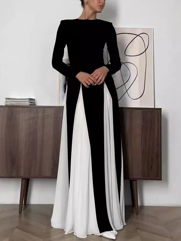 Wmstar 2025 New Women Fashionable Elegant Dress Tight A Line Large Skirt Hem Long Sleeve Round Neck Dress Color Blocking