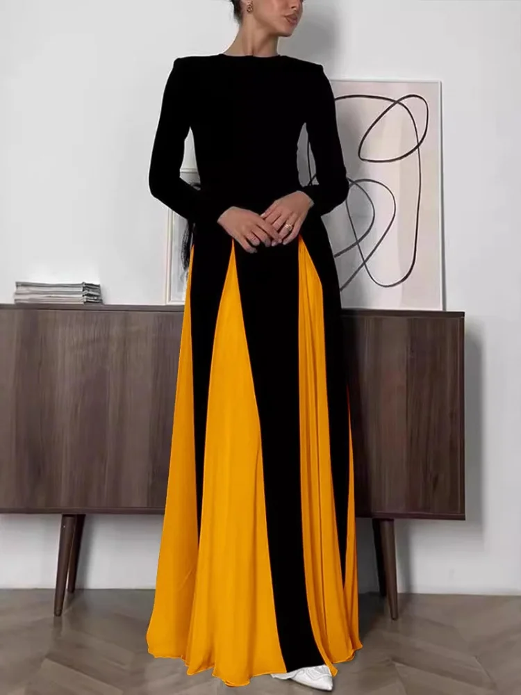 Wmstar 2025 New Women Fashionable Elegant Dress Tight A Line Large Skirt Hem Long Sleeve Round Neck Dress Color Blocking