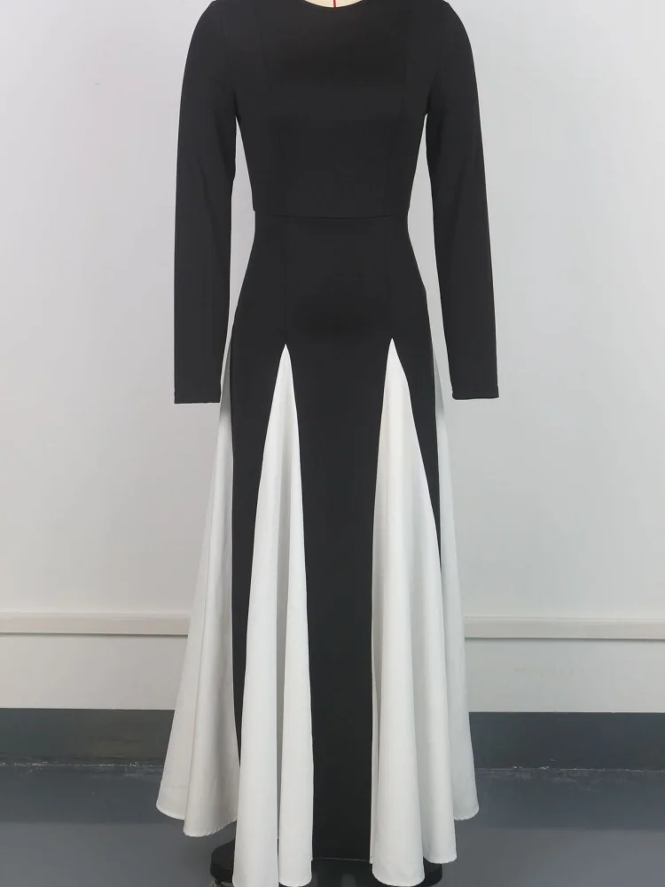 Wmstar 2025 New Women Fashionable Elegant Dress Tight A Line Large Skirt Hem Long Sleeve Round Neck Dress Color Blocking