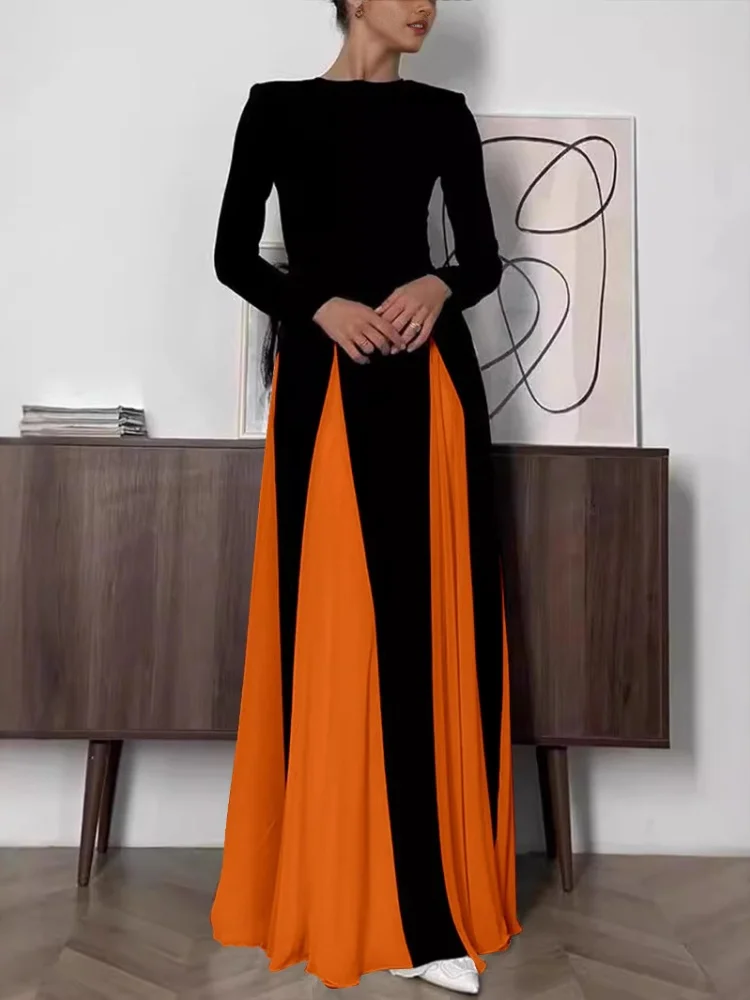 Wmstar 2025 New Women Fashionable Elegant Dress Tight A Line Large Skirt Hem Long Sleeve Round Neck Dress Color Blocking