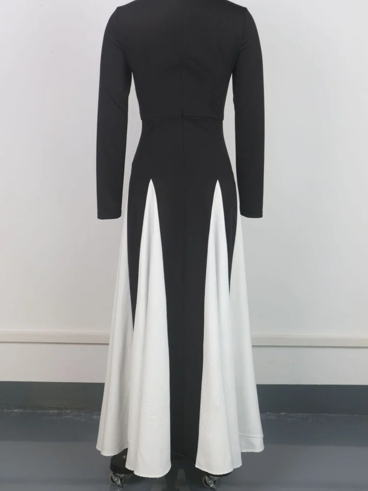 Wmstar 2025 New Women Fashionable Elegant Dress Tight A Line Large Skirt Hem Long Sleeve Round Neck Dress Color Blocking