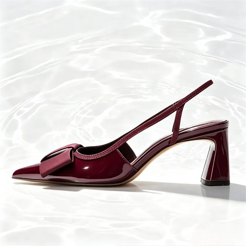 Sexy Burgundy Patent Leather Pointed Toe Pumps Women Fashion Bow Slingback Brand Designer Shoes Elegant Cozy Banquet Dress Shoes