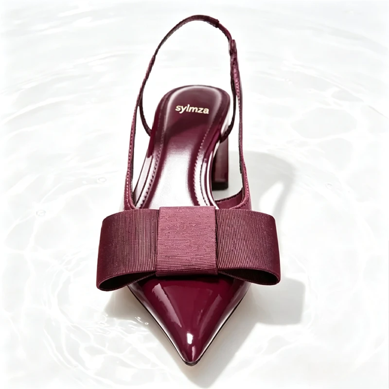 Sexy Burgundy Patent Leather Pointed Toe Pumps Women Fashion Bow Slingback Brand Designer Shoes Elegant Cozy Banquet Dress Shoes